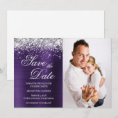 Silber Glitter Dunkelviolette Folien Foto Save The Date (Vorne/Hinten)