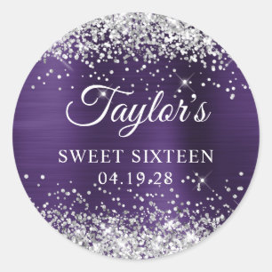 Silber Glitter dunkle violette Folie Sweet Sixteen Runder Aufkleber