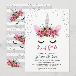 Silber Glitter Einhorn Prinzessin Baby Shower Einladung