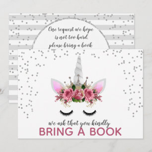 Silber-Glitter-Einhorn-Prinzessin bringt ein Buch Einladung