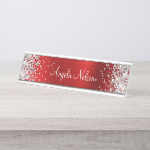 Silber Glitter Faux Rubin Rot Folie Schreibtischnamensplakette