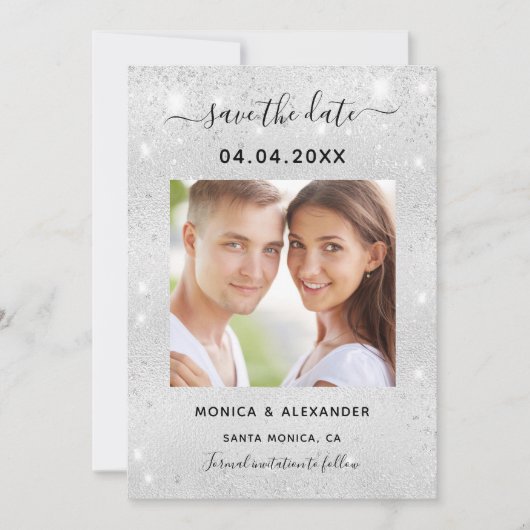 Silber-Glitter-Foto-Hochzeit Save the Date (Vorderseite)