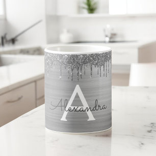 Silber Glitter Gebürsteter Metall Monogramm Name Kaffeetasse