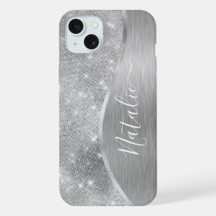Silber Glitter Glam Bling Personalisierte Metallis iPhone 15 Plus Hülle