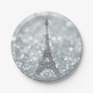 Silber Glitter Glanz Bling Eiffelturm Party Pappteller