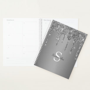 Silber Glitter Glanz Tropfen Folie Monogramm Name Planer