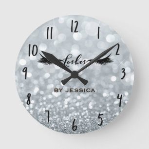 Silber Glitter Glitzer Wimpern Salon Personalisier Runde Wanduhr