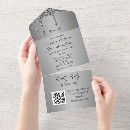 Silber Glitter Grau Schrift RSVP QR Code All In One Einladung (Abreißen)