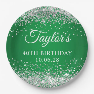 Silber Glitter Grün 40. Geburtstag Pappteller