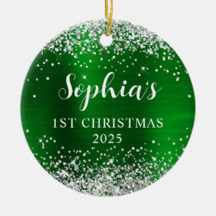 Silber Glitter Grün Falsche Folie 1. Weihnachten F Keramik Ornament