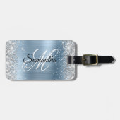 Silber Glitter Hellblau Folie Fancy Monogramm Gepäckanhänger (Vorderseite horizontal)