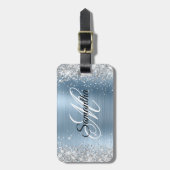 Silber Glitter Hellblau Folie Fancy Monogramm Gepäckanhänger (Vorderseite vertikal)