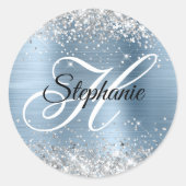 Silber Glitter Hellblau Folie Fancy Monogramm Runder Aufkleber (Vorderseite)