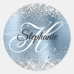 Silber Glitter Hellblau Folie Fancy Monogramm Runder Aufkleber