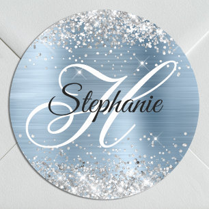 Silber Glitter Hellblau Folie Fancy Monogramm Runder Aufkleber