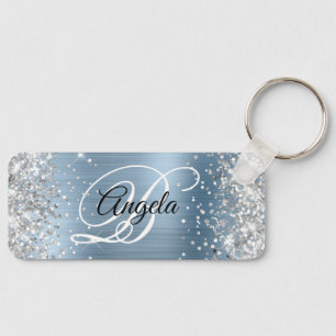 Silber Glitter Hellblau Folie Fancy Monogramm Schlüsselanhänger