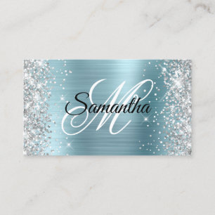 Silber Glitter Hellblau Folie Fancy Monogramm Visitenkarte