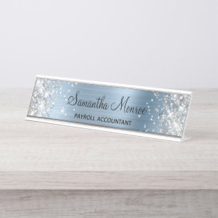 Silber Glitter Hellblau Folie Schreibtischnamensplakette