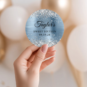 Silber Glitter Hellblau Folie Sweet Sixteen Runder Aufkleber