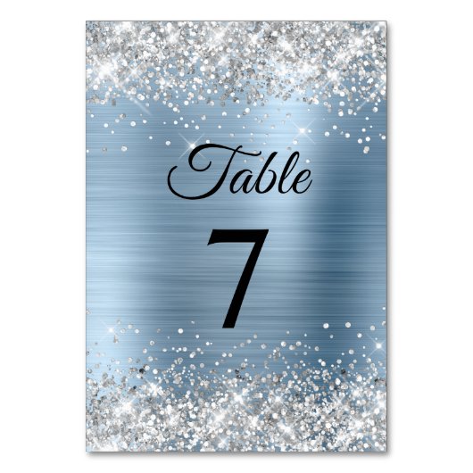 Silber Glitter Hellblau Folie Tischnummer (Vorderseite)