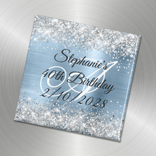 Silber Glitter Hellblau Monogramm 40. Geburtstag Magnet
