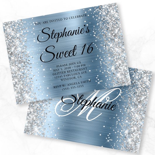 Silber Glitter Hellblau Monogramm Sweet 16 Einladung