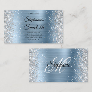 Silber Glitter Hellblau Monogramm Sweet 16 Eintrit Begleitkarte