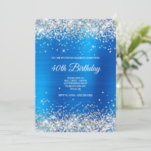 Silber Glitter Hellblau Satin Folie 40. Geburtstag Einladung