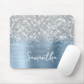 Silber Glitter Hellblauer Glam Name Mousepad (Mit Mouse)