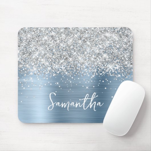 Silber Glitter Hellblauer Glam Name Mousepad (Mit Mouse)