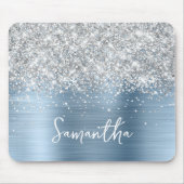 Silber Glitter Hellblauer Glam Name Mousepad (Vorne)