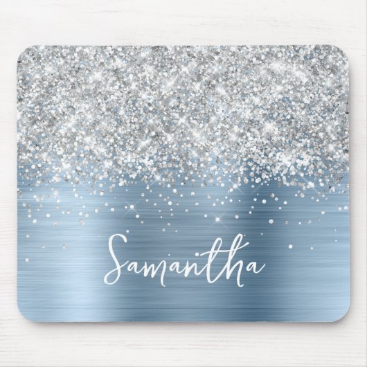 Silber Glitter Hellblauer Glam Name Mousepad (Vorne)