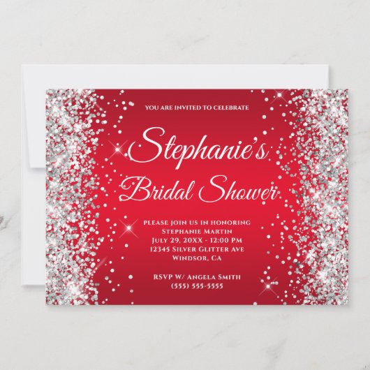 Silber Glitter Helles Rot Ombre Fancy Monogramm Einladung (Vorderseite)