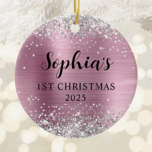 Silber Glitter Hellrosa Folie 1. Weihnachten Foto Keramik Ornament