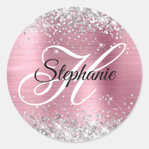 Silber Glitter Hellrosa Folie Fancy Monogramm Runder Aufkleber