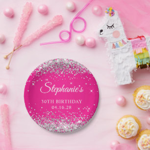 Silber Glitter Hot Pink 30. Geburtstag Pappteller
