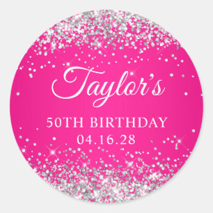 Silber Glitter Hot Pink 50. Geburtstag Runder Aufkleber