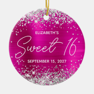 Silber Glitter Hot Pink Fancy Sweet 16 Foto Keramik Ornament