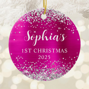 Silber Glitter Hot Pink Folie 1. Weihnachten Foto Keramik Ornament