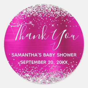 Silber Glitter Hot Pink Folie Baby Shower Danke Runder Aufkleber