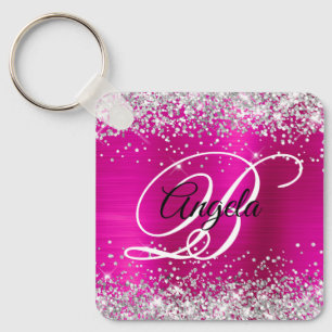 Silber Glitter Hot Pink Folie Fancy Monogramm Schlüsselanhänger