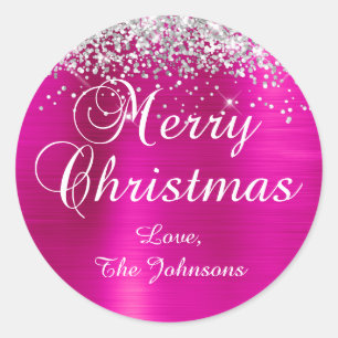Silber Glitter Hot Pink Folie Frohe Weihnachten Runder Aufkleber