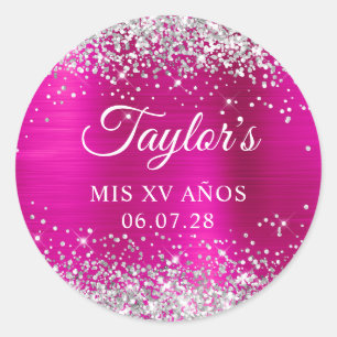Silber Glitter Hot Pink Folie Mis XV Anos Geburtst Runder Aufkleber