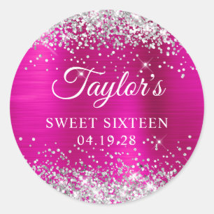 Silber Glitter Hot Pink Folie Sweet Sixteen Runder Aufkleber