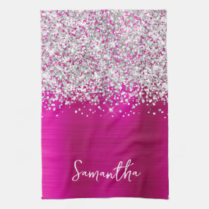 Silber Glitter Hot Pink Glam Name Geschirrtuch
