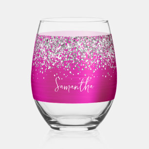 Silber Glitter Hot Pink Glam Name Weinglas Ohne Stiel