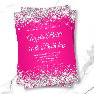 Silber Glitter Hot Pink Monogramm 40. Geburtstag Einladung