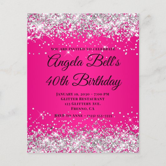 Silber Glitter Hot Pink Ombre Fancy Monogramm 40. Flyer (Vorne)