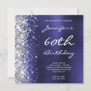 Silber Glitter Indigo Blau Folie 60. Geburtstag Einladung