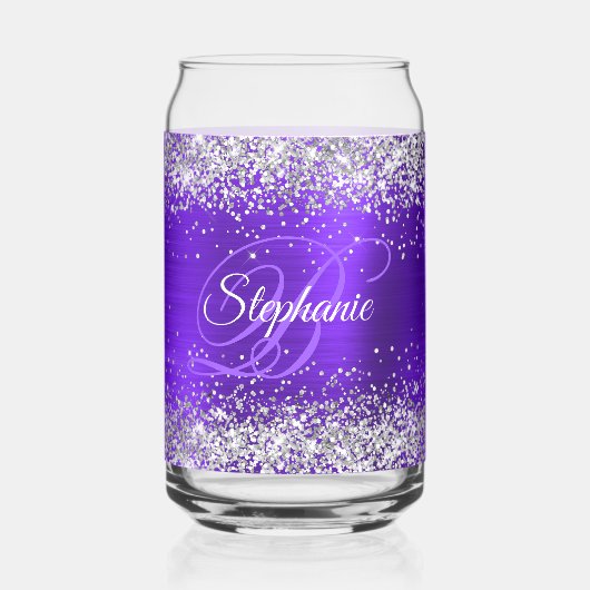 Silber Glitter Indigo Violett Glam Fancy Monogramm Dosenglas (Vorderseite)